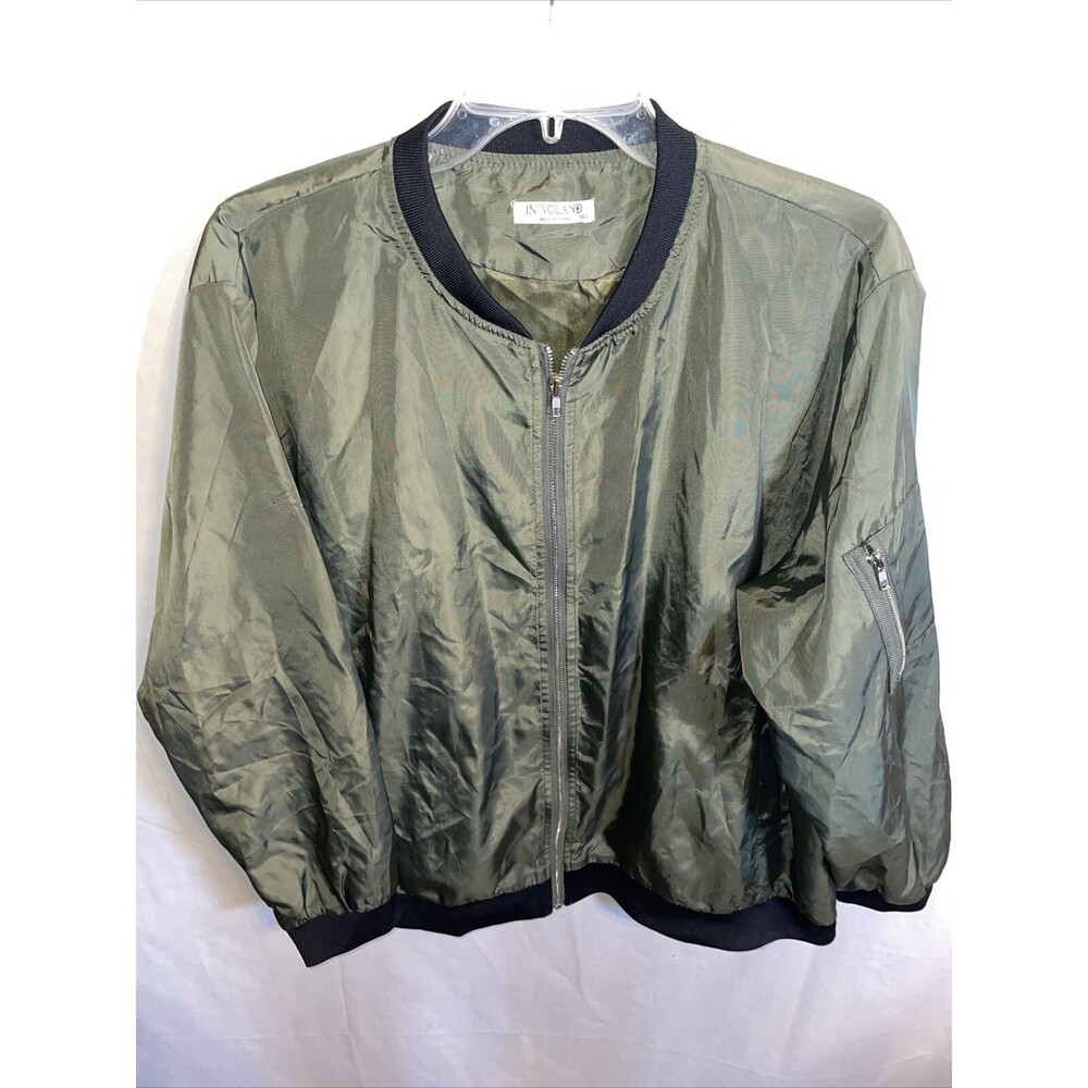 In’Voland Bomber Jacket Women’s Size 18W 2X Green Zip Front Sleeve Elastic Patch